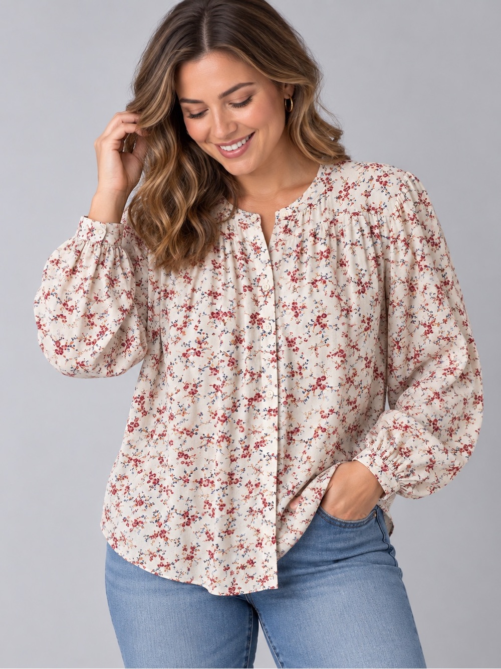 Old Navy Ditsy Floral Button Front Blouse Cream Red Blue Size L